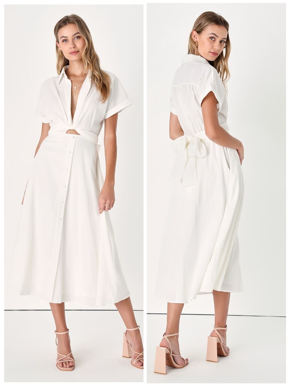 Lulus Palermo Perfection White Collared Midi Dress with Pockets Size Small Beach
